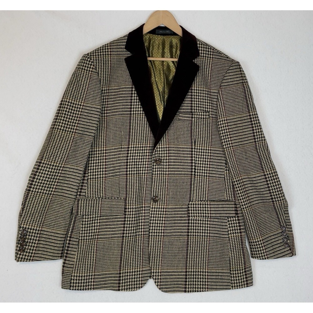 Inserch Houndstooth‎ XL Blazer Black/Brown/Burgundy Velvet Lapel Sport Coat